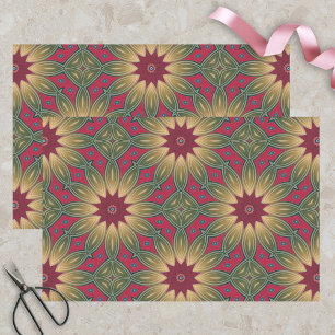 Papel De Seda Patrón Floral Geométrico Kaleidoscopio Verde Rojo