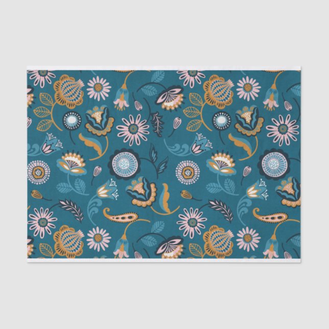 Papel De Seda Patrón floral moderno sobre fondo Verde azulado (Anverso)