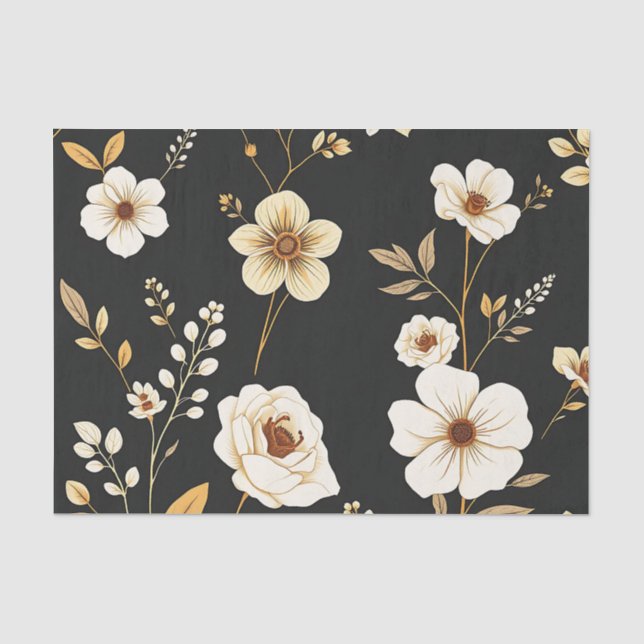 Papel De Seda Patrón Floral Negro Cream Gold (Anverso)