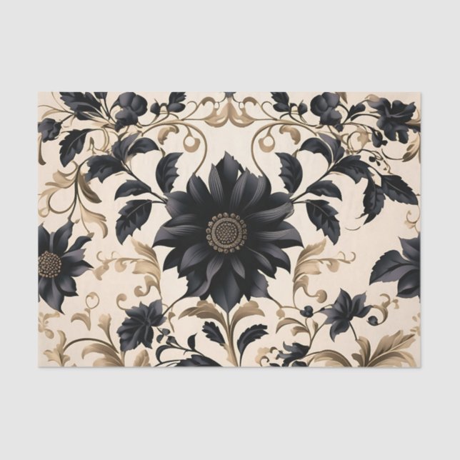 Papel De Seda Patrón floral negro elegante (Anverso)