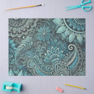 Papel De Seda Patrón Floral Paisley Azul Verde Decoupage