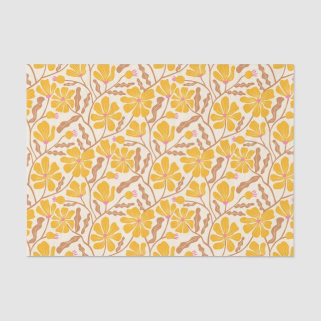 Papel De Seda Patrón floral retro amarillo (Anverso)