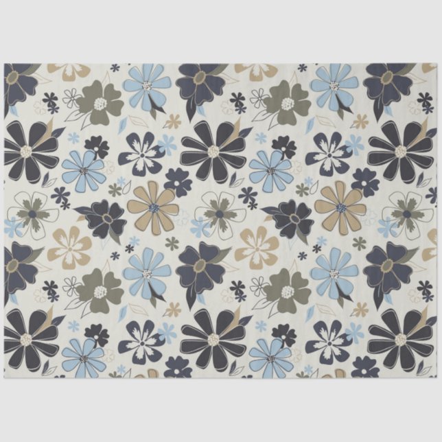 Papel De Seda Patrón floral retro azul Tan (Anverso)