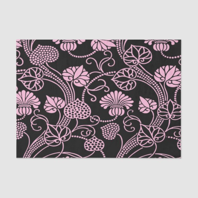 Papel De Seda Patrón floral retro rosado en negro (Anverso)