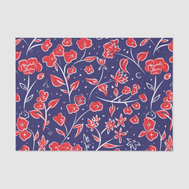 Papel De Seda Patrón floral rojo y azul (Anverso)