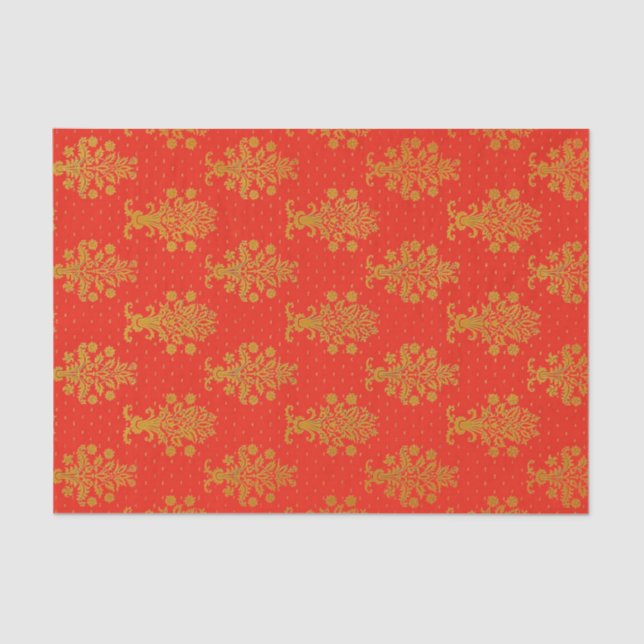 Papel De Seda Patrón floral rojo y dorado (Anverso)