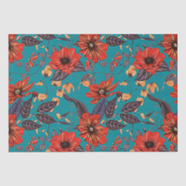 Papel De Seda Patrón floral rojo y Verde azulado