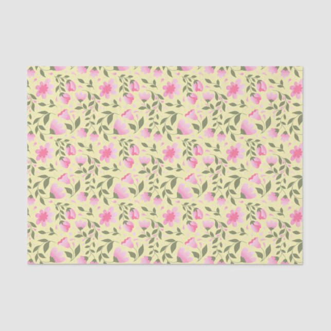 Papel De Seda Patrón floral rosado con. Verdor (Anverso)