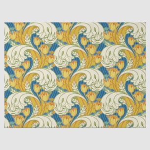 Papel De Seda Patrón floral verde azul tulipán azul dorado vinta