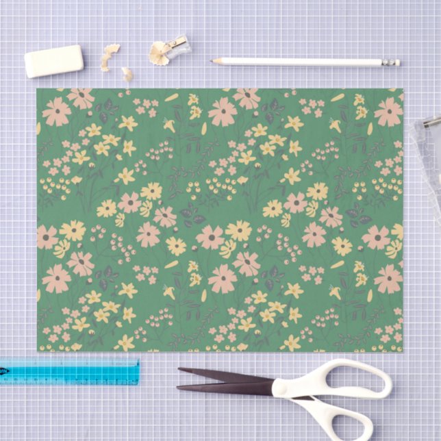 Papel De Seda Patrón floral verde boho moderno (Artesanía)