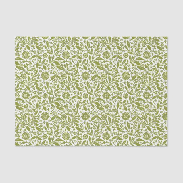 Papel De Seda Patrón floral verde y blanco Bonito (Anverso)