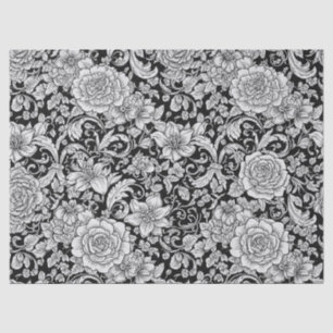 Papel De Seda Patrón floral vintage blanco y negro sin costuras 