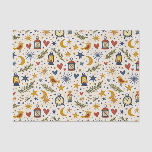 Papel De Seda Patrón Folk de Linterna Estrellada (Anverso)