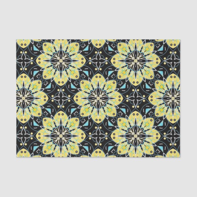 Papel De Seda Patrón geométrico floral amarillo y negro (Anverso)