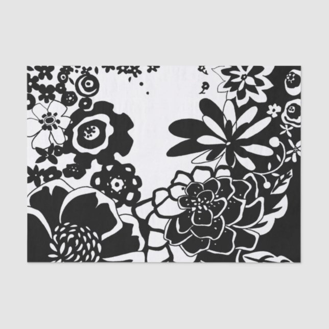 Papel De Seda Patrón gráfico de jardín floral blanco y negro (Anverso)