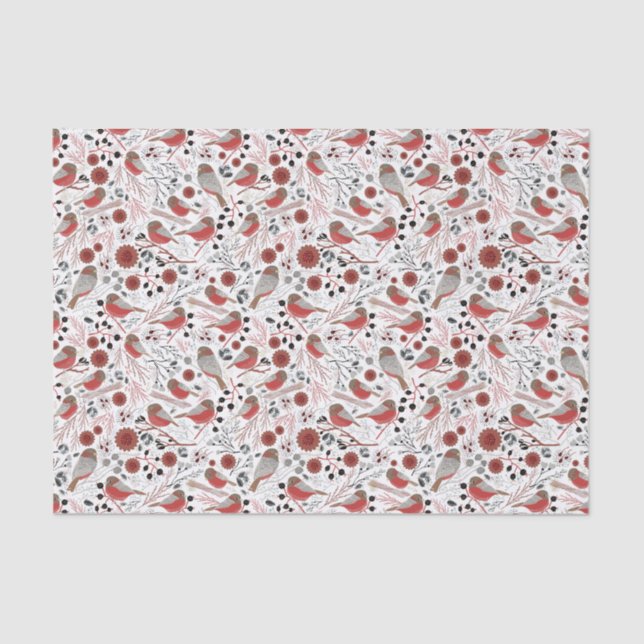 Papel De Seda Patrón Gris Rojo De Pollos Con Floral (Anverso)