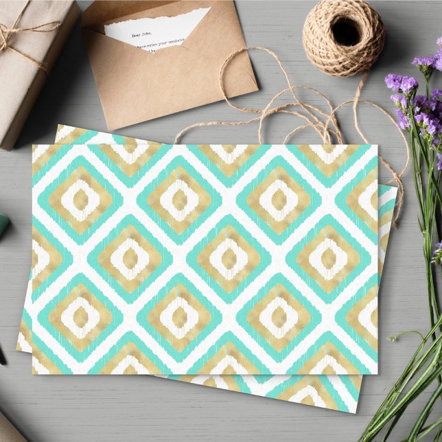 Papel De Seda Patrón Ikat de Moda Oro y Turquesa (Turquoise & Gold Ikat Patterned Tissue Paper)