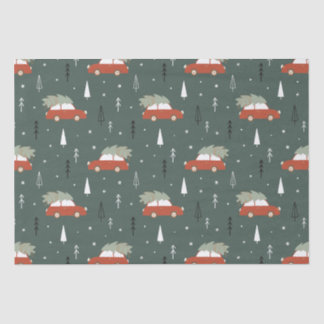 Papel De Seda Patrón invernal de árbol de Navidad con coche rojo