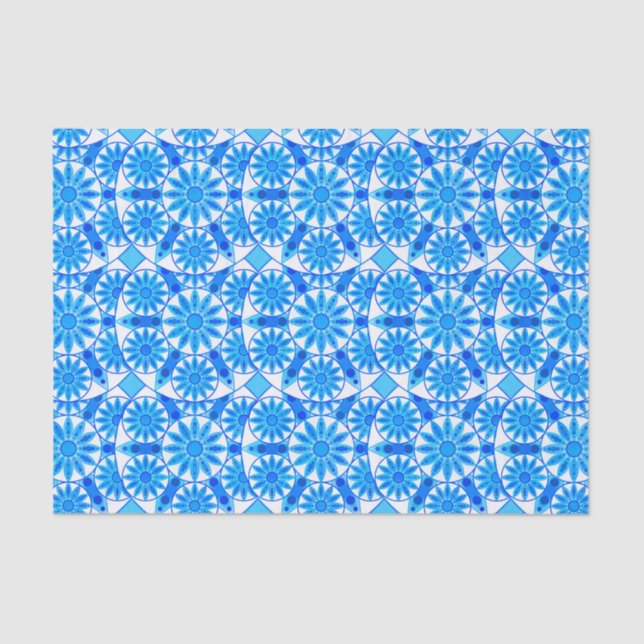 Papel De Seda Patrón Mandala, azul cobalto, turquesa y blanco (Anverso)