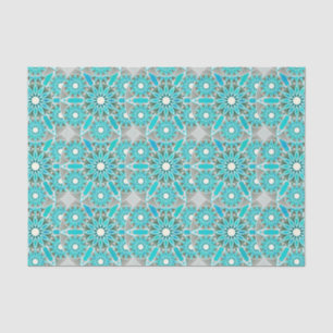 Papel De Seda Patrón Mandala, turquesa, gris plateado y blanco