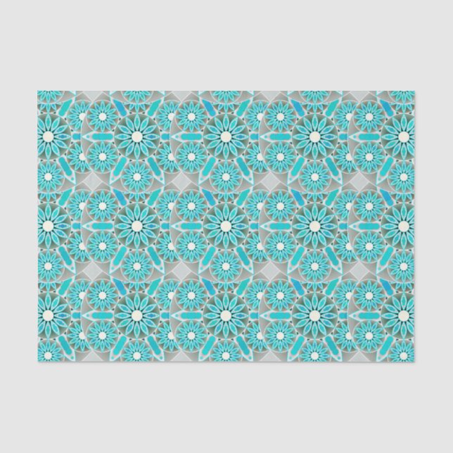 Papel De Seda Patrón Mandala, turquesa, gris plateado y blanco (Anverso)