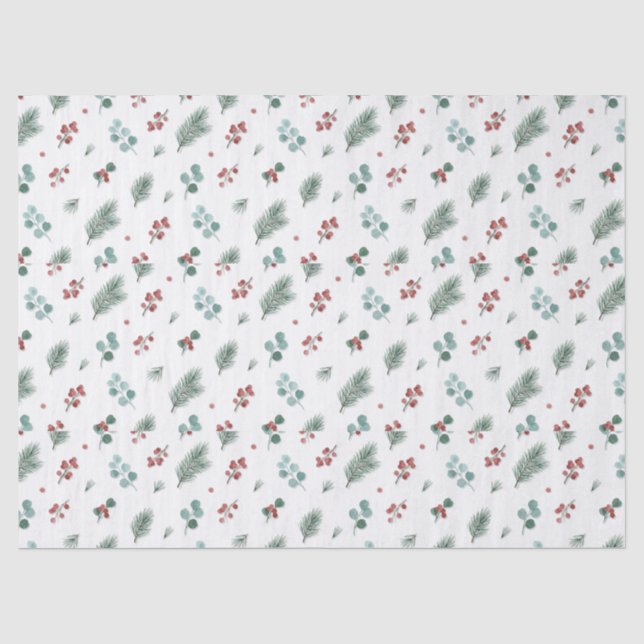 Papel De Seda Patrón Mínimo de Navidad, Pino y Bayas (Anverso)