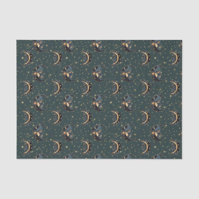 Papel De Seda Patrón Místico de Luna Creciente y Estrellas (Anverso)
