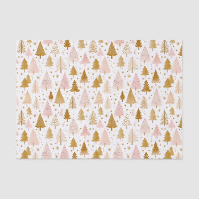 Papel De Seda Patrón moderno de árbol de Navidad rosa y dorado (Anverso)