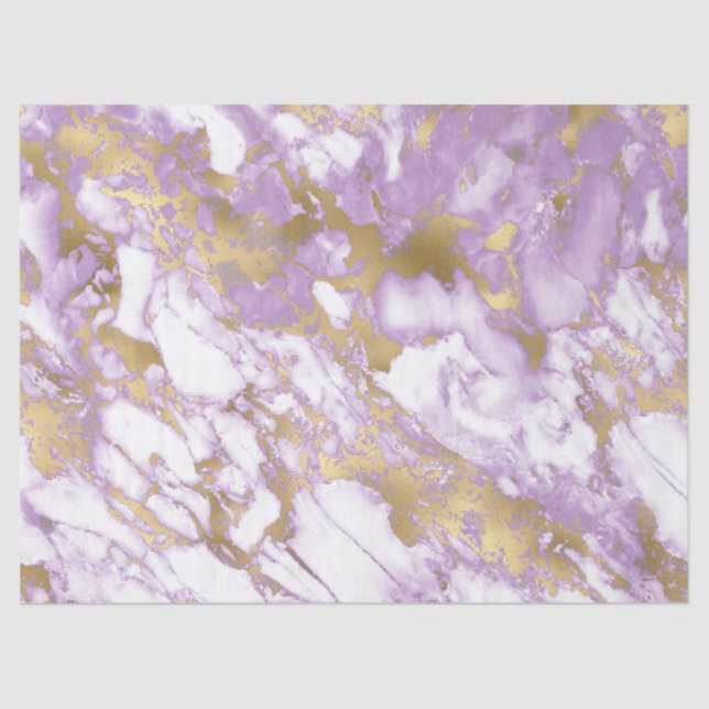 Papel De Seda Patrón moderno de mármol morado, blanco y dorado (Anverso)