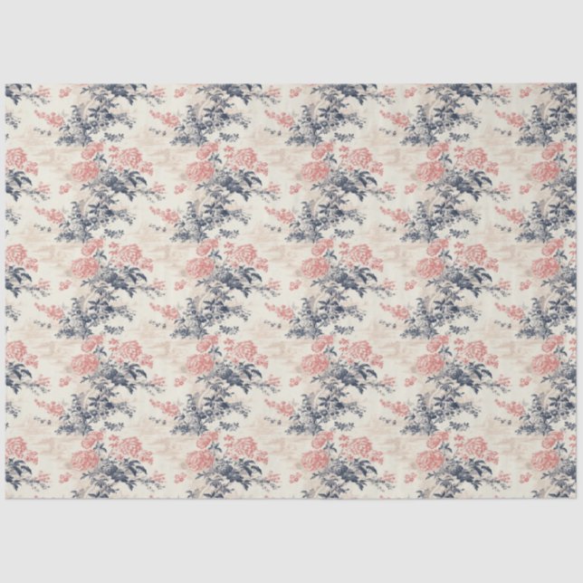 Papel De Seda Patrón moderno de tela azul floral peoney de Jouy (Anverso)