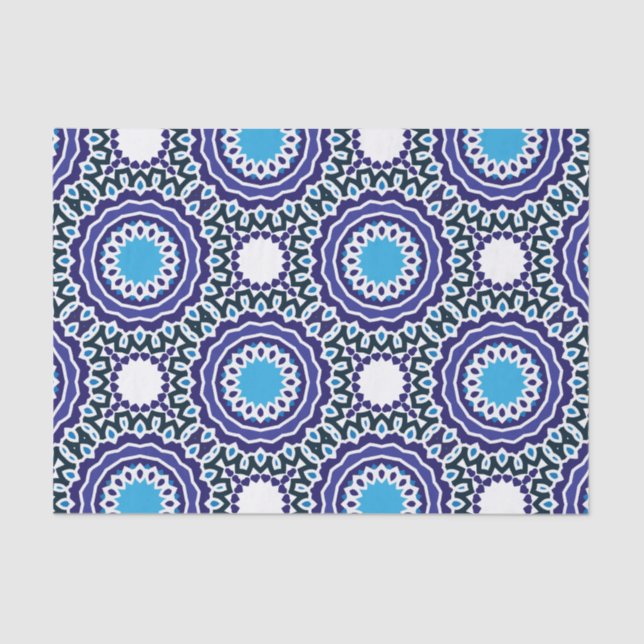 Papel De Seda Patrón musulmán bohemio azul y blanco (Anverso)