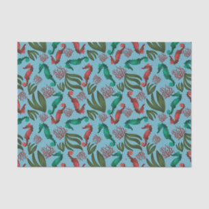 Papel De Seda Patrón nautico de caballito de mar de color acuáti