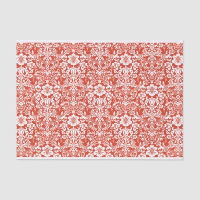 Papel De Seda Patrón ornamental de Damasco rojo y blanco (Anverso)