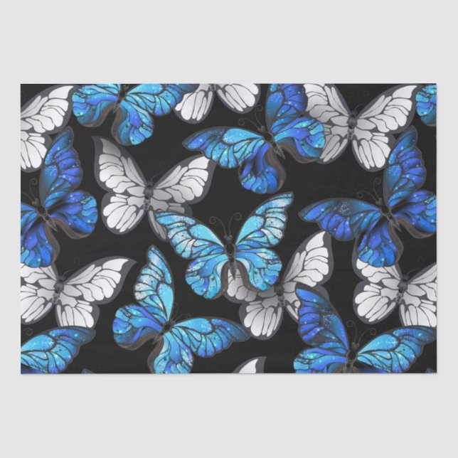 Papel De Seda Patrón oscuro sin foco con mariposas azules morfo (Anverso)