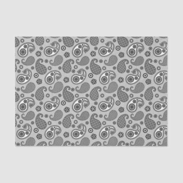 Papel De Seda Patrón Paisley, gris, negro y blanco (Anverso)