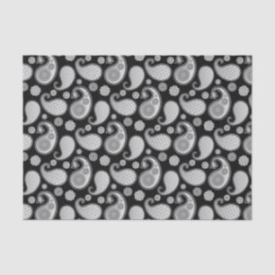 Papel De Seda Patrón paisley, gris plateado / gris sobre negro