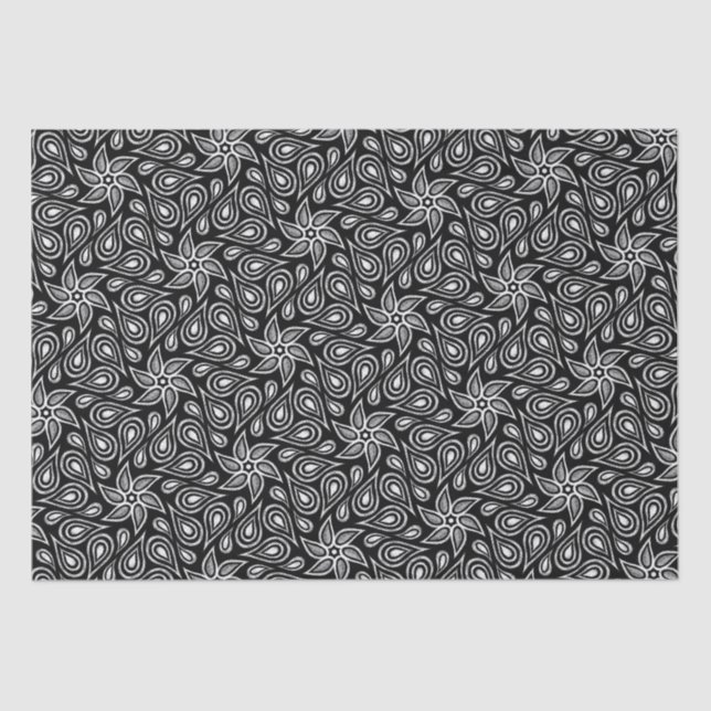 Papel De Seda Patrón Paisley Moderno Guay Floral Negra Y Blanca (Anverso)