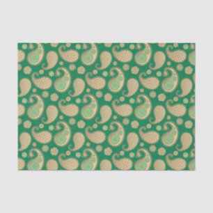 Papel De Seda Patrón Paisley, oro suave en verde esmeralda