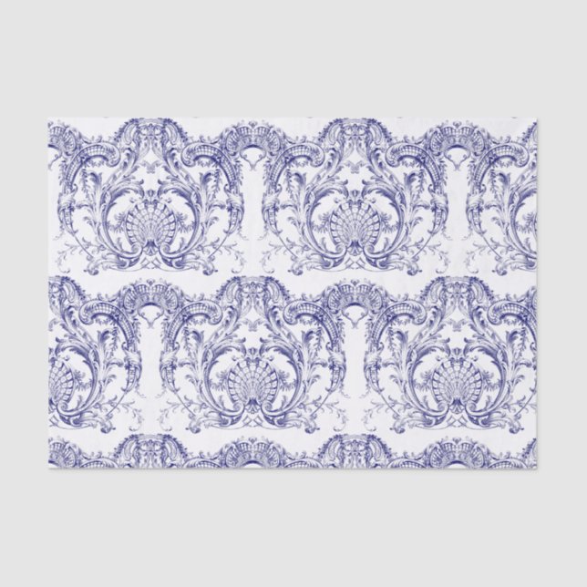Papel De Seda Patrón rococo barroco azul y blanco (Anverso)