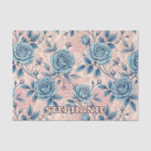 Papel De Seda Patrón Rosa azul retro sobre fondo rosa suave