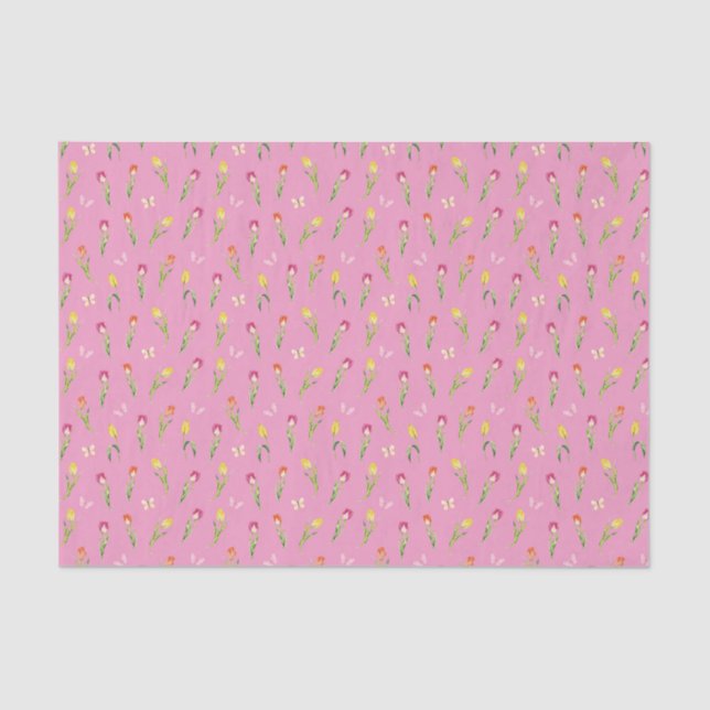 Papel De Seda Patrón rosa de tulipanes y mariposas (Anverso)