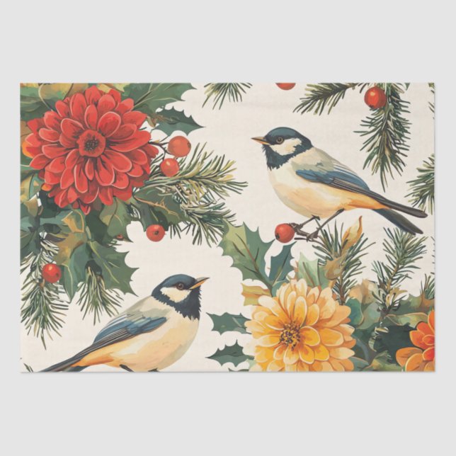 Papel De Seda Patrón Rústico de Navidades de aves y poinsettia ( (Anverso)