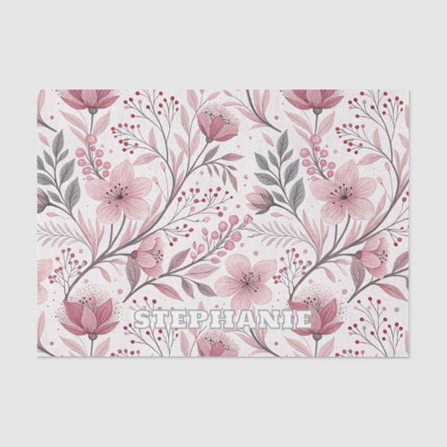 Papel De Seda Patrón Sakura de flores de cerezo rosa en blanco ( (Anverso)