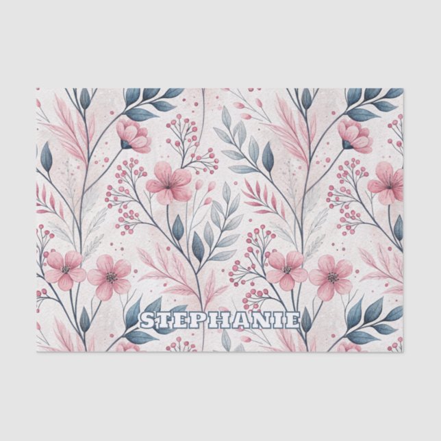 Papel De Seda Patrón Sakura de flores de cerezo rosa en blanco ( (Anverso)