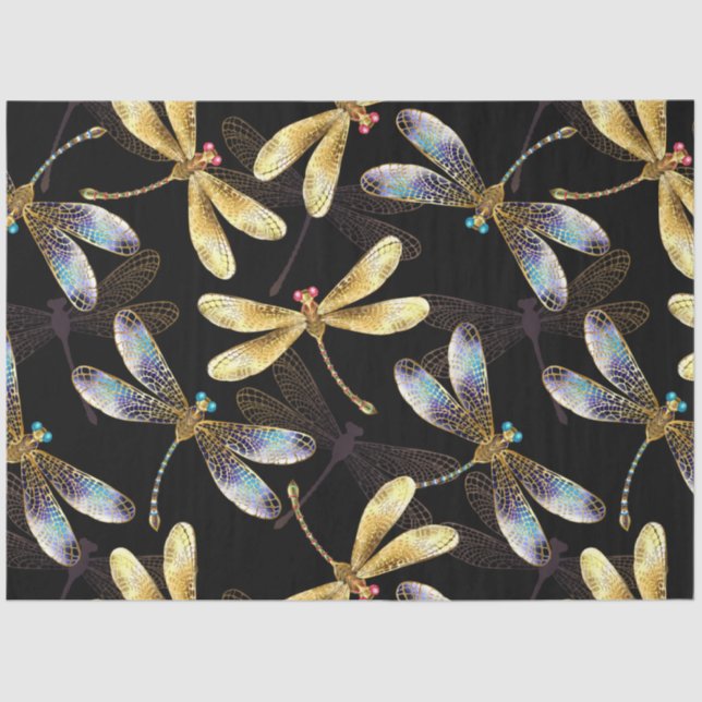 Papel De Seda Patrón sin foco con Dragonflies dorados (Anverso)