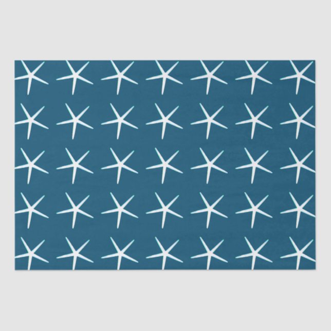 Papel De Seda Patrón Starfish Azul Blanco Cute Elegante Náutico (Anverso)
