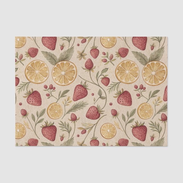 Papel De Seda Patrón terroso rústico de fresa y cítricos (9) (Anverso)