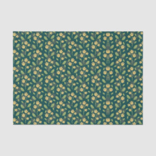 Papel De Seda Patrón verde vibrante con flores y hojas amarillas