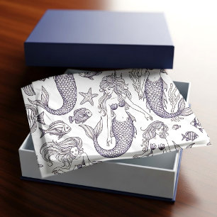 Papel De Seda Patrón vintage de sirena azul y vida marina