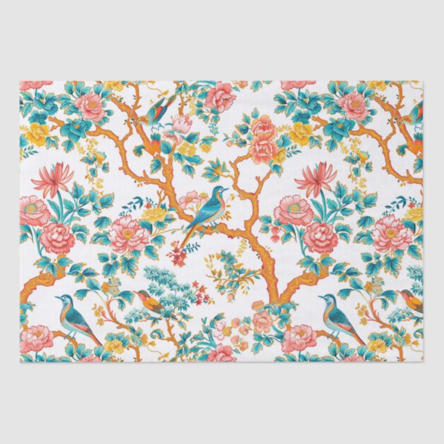 Papel De Seda Patrones de inspiración asiática, aves de flores c (Anverso)